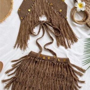Fringed Crochet Two-Piece Set in Brown